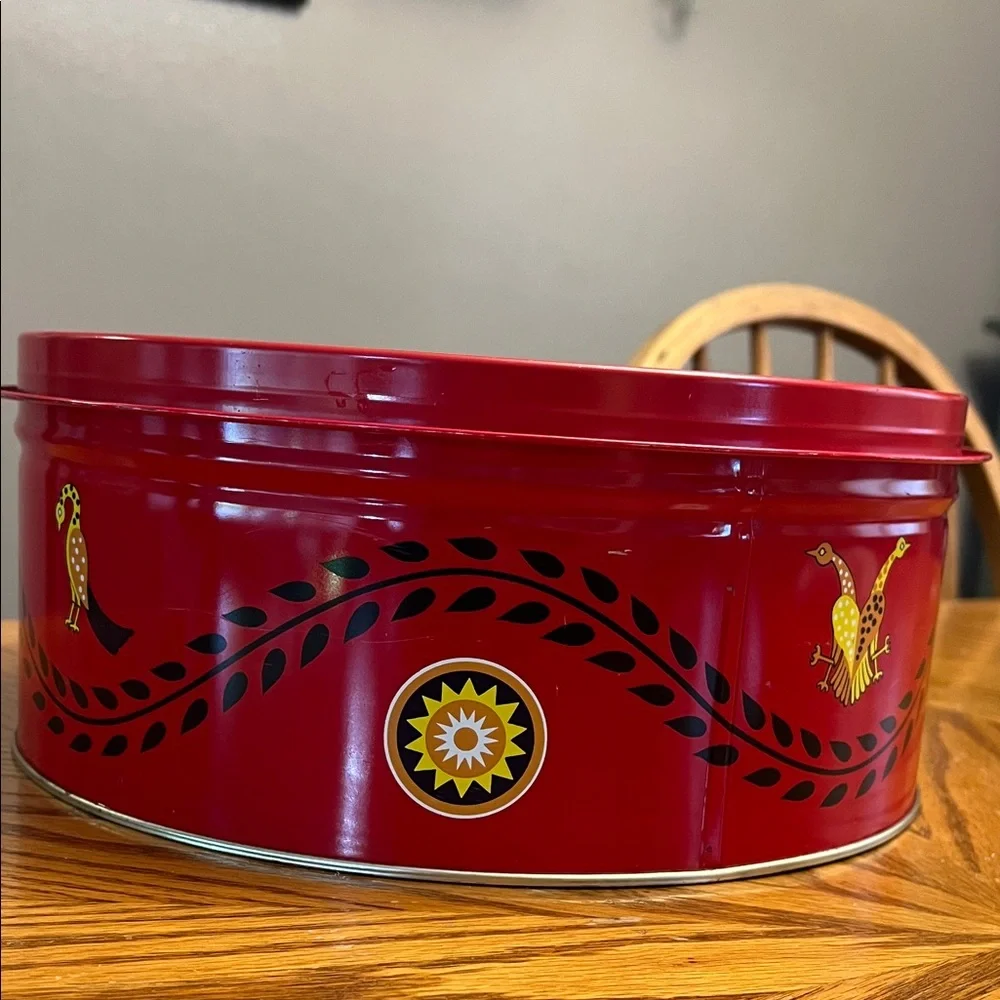 Vintage Pennsylvania Dutch  Red Decorative Tin with Black and Gold Accents